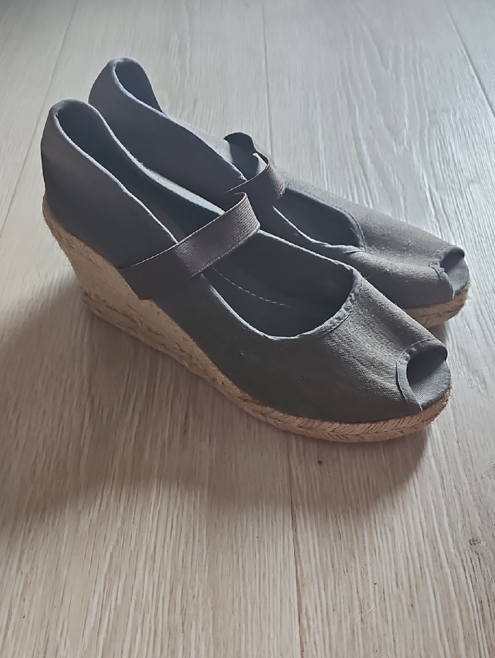 Montego Bay Club Gray Peep-Toe Espadrille Wedge with Mary Jane Strap